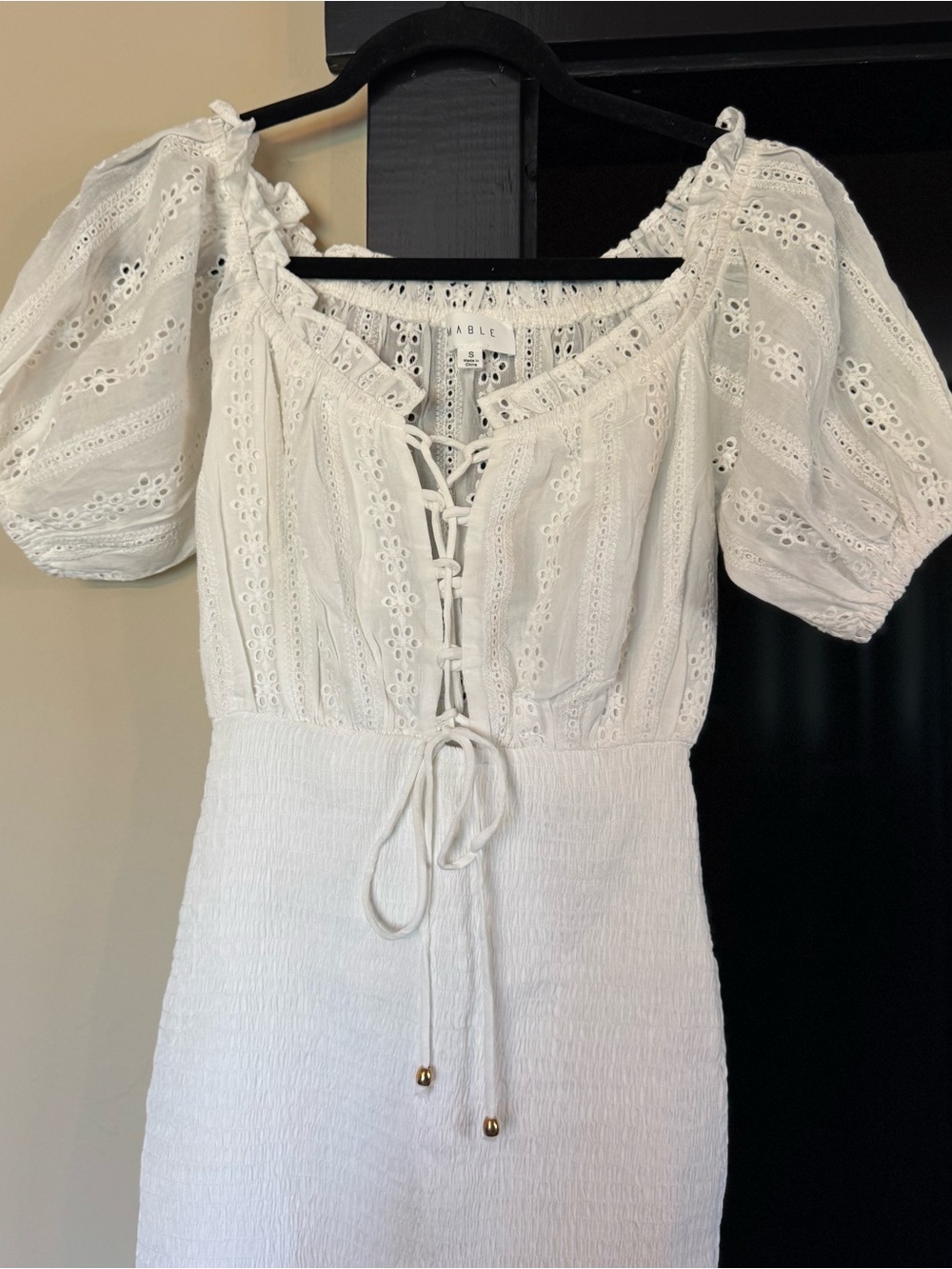 White Eyelet Lace-Up Puff Sleeve Mini Dress